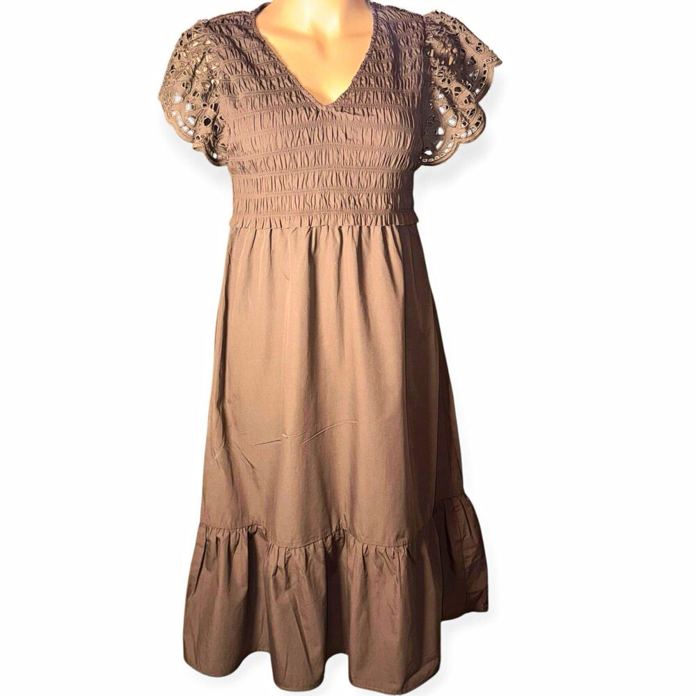 Universal Thread Women’s XL Brown Smocked Eyelet Sleeve Midi Dress NWT